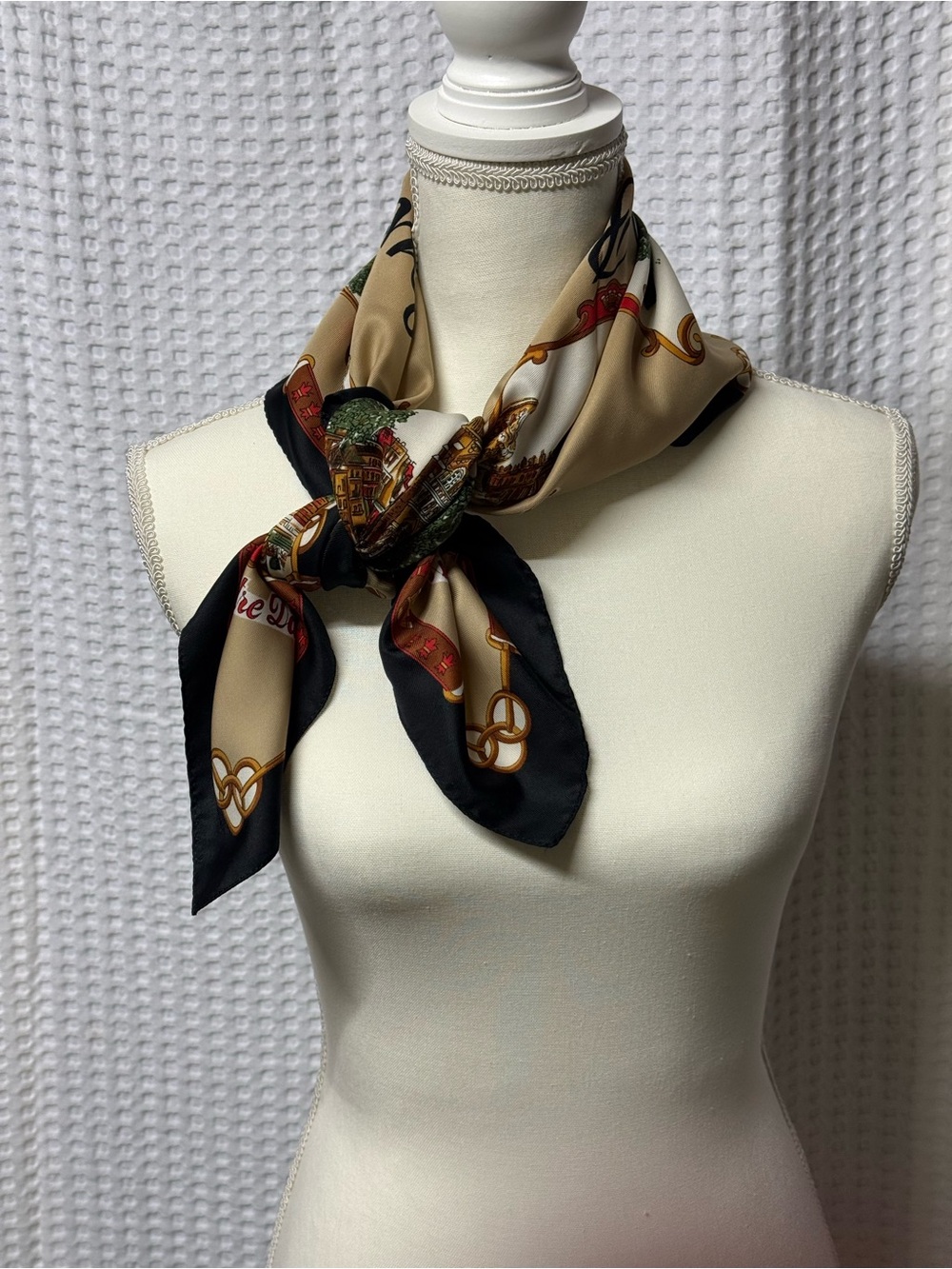 Roger L. Paris Scenic Print Silk Scarf in Beige, Black & Gold